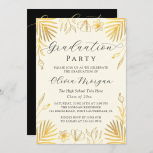 Beige Golden Floral Script Graduation Party Photo Invitation