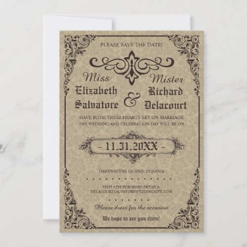 Beige Gothic Victorian Damask Save the Dates Save The Date