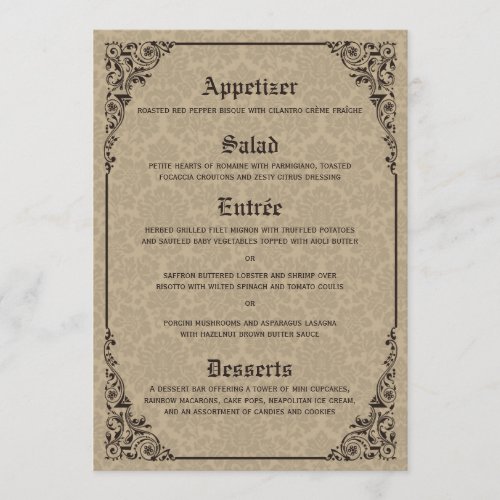 Beige Gothic Victorian Damask Wedding Menu