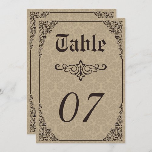 Beige Gothic Victorian Damask Wedding Table Number