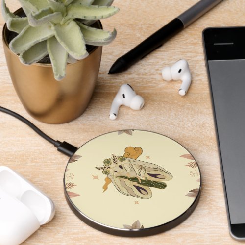 Beige Graphic Art Mystical Moth Wireless Charger