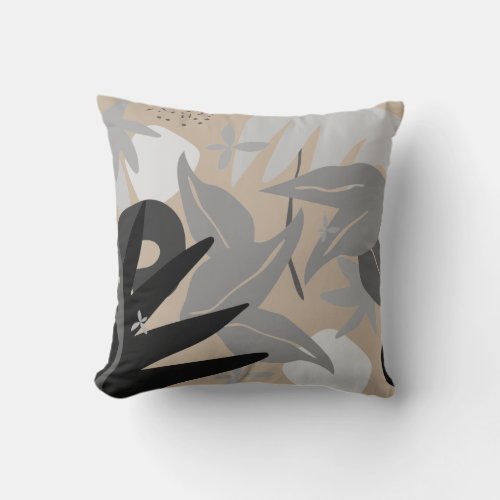 Beige Gray  Black Artistic Abstract Leaves Throw Pillow