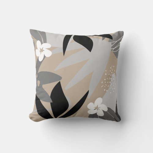 Beige Gray Black  White Artistic Abstract Floral Throw Pillow