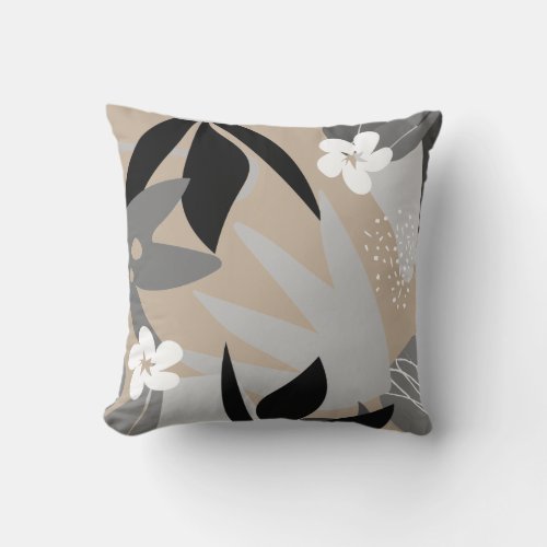 Beige Gray Black  White Artistic Abstract Floral Throw Pillow