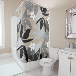  Beige Gray Black & White Modern Botanical Pattern Shower Curtain