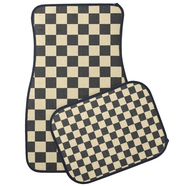 Beige + Gray Check Checkered Checkerboard Pattern Car Floor Mat (Set)
