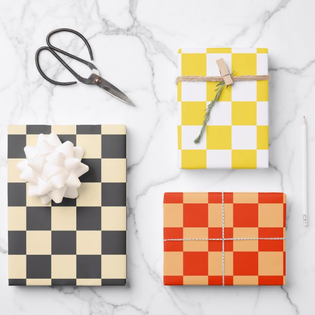 Beige + Gray Check Checkered Checkerboard Pattern Wrapping Paper Sheets (Front)