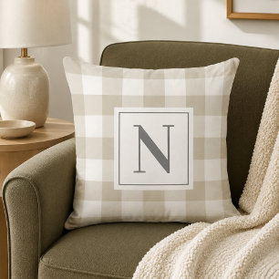 Beige Gray Gingham Check Monogram Initial Throw Pillow