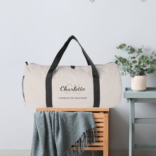Beige gray monogram initials name modern duffle bag (Creator Uploaded)