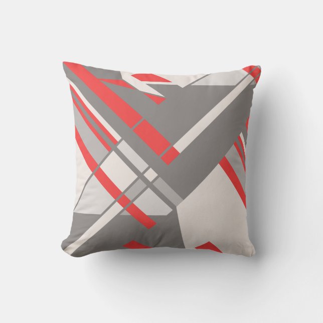 Beige Gray Red on White Diagonal Abstract Design Throw Pillow (Front)