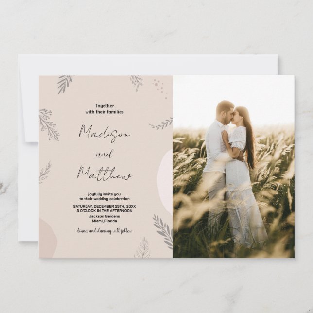 Beige Gray Wedding Invitations with photo (Front)