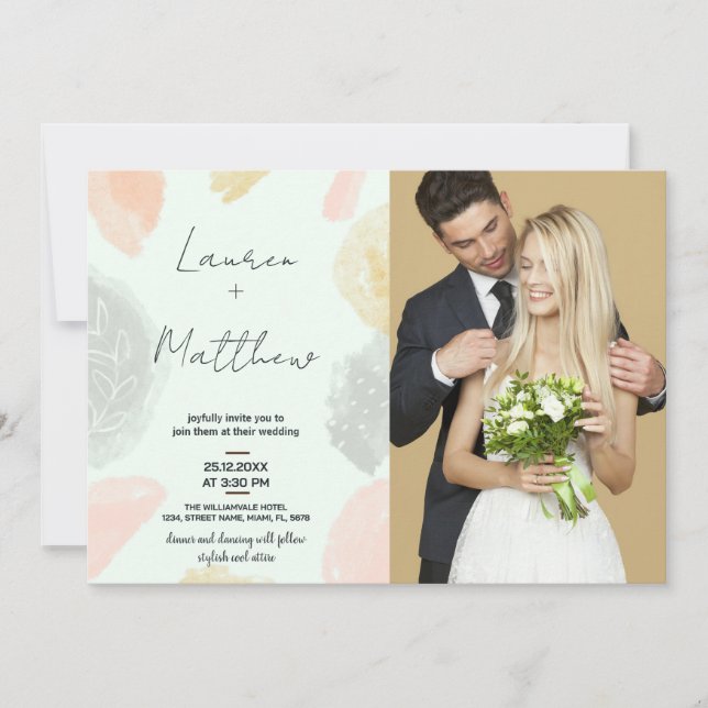 Beige Gray Wedding Invitations with photo (Front)
