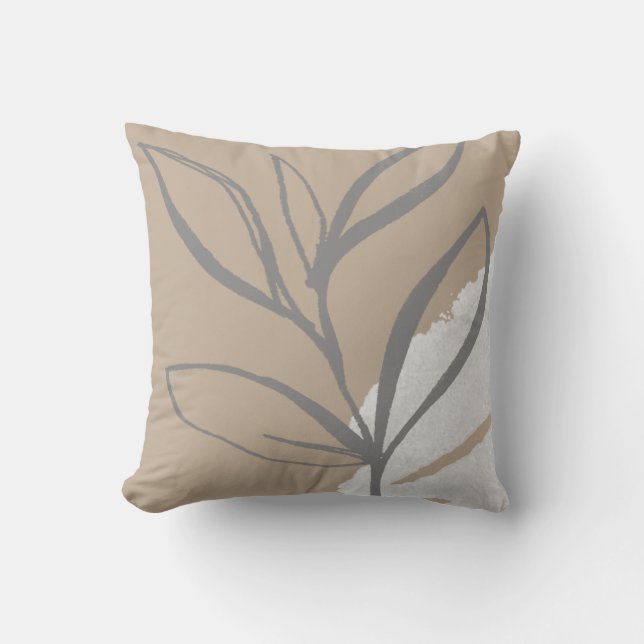 Beige Gray & White Abstract Watercolor Leaves Throw Pillow (Front)
