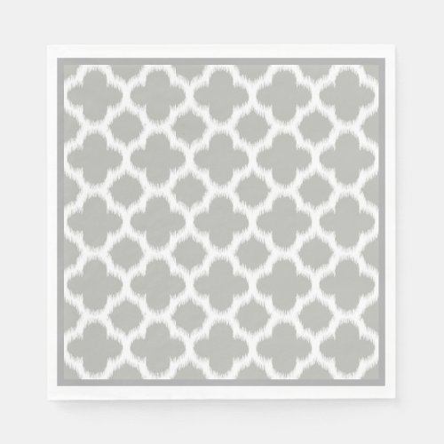 Beige Gray White Retro Ikat Quatrefoil Pattern Paper Napkins