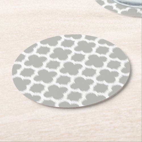 Beige Gray White Retro Ikat Quatrefoil Pattern Round Paper Coaster