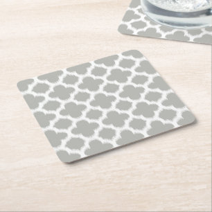 Beige Gray White Retro Ikat Quatrefoil Pattern Square Paper Coaster