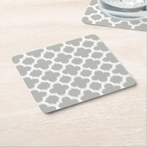 Beige Gray White Retro Ikat Quatrefoil Pattern Square Paper Coaster