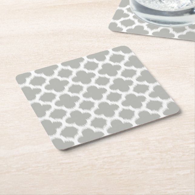 Beige Gray White Retro Ikat Quatrefoil Pattern Square Paper Coaster (Angled)
