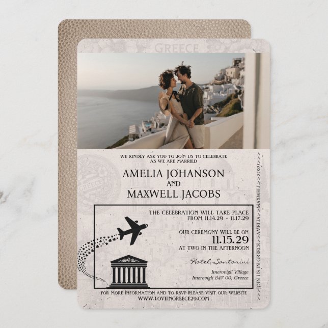 Beige Greece Passport Wedding Invitation (Front/Back)