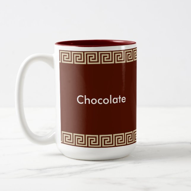 Beige Greek Pattern on Brown Reddish Two-Tone Coffee Mug (Left)