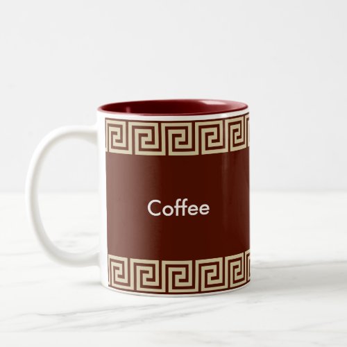 Beige Greek Pattern on Brown Reddish Two_Tone Coffee Mug