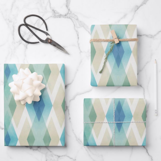 Beige Green Blue White Teal Rhombuses Pattern Wrapping Paper Sheets (Front)