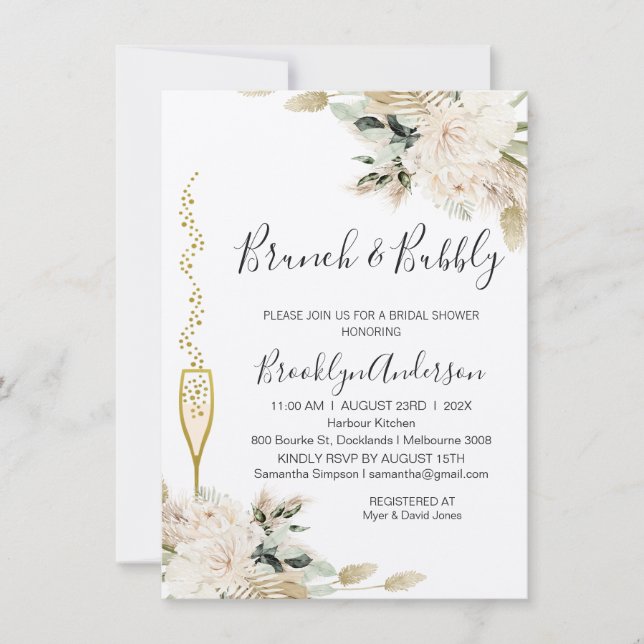 Beige Green Boho Brunch Champagne Bridal Shower  Invitation (Front)