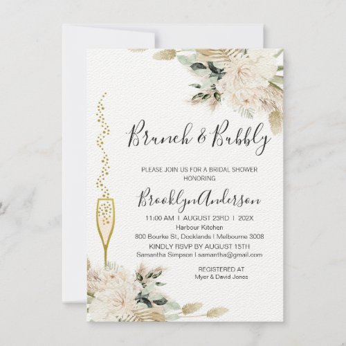 Beige Green Boho Brunch Champagne Bridal Shower  Invitation