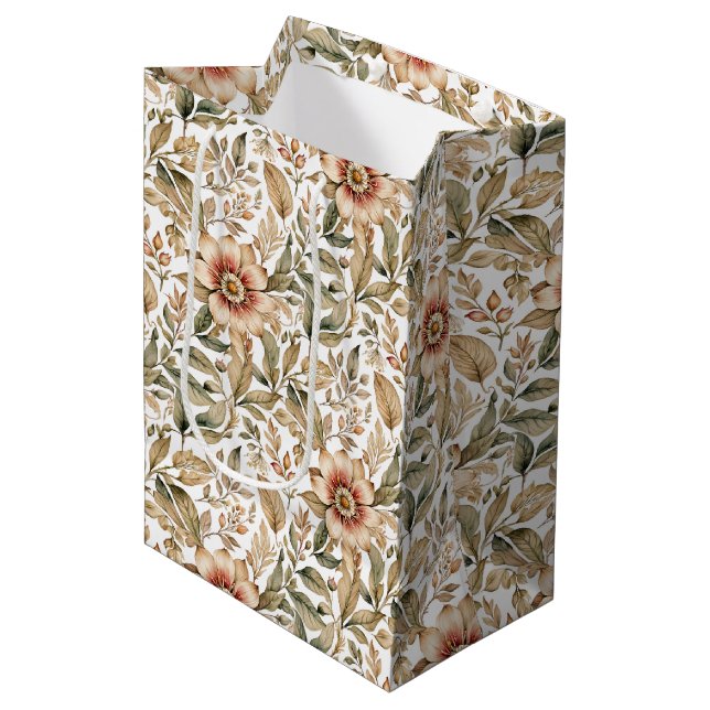 Beige Green Botanical Floral Pattern Medium Gift Bag (Front Angled)