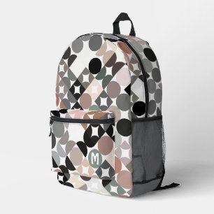 Beige Green Gray Black Midcentury Circles Pattern Printed Backpack