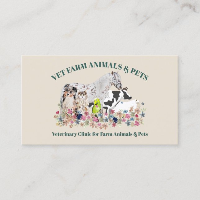 Beige Green Horse Cow Sheep Dog Cat Farm Animals Business Card (Front)