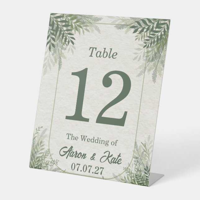 Beige Green Leaves Simple Wedding Pedestal Sign (Front)