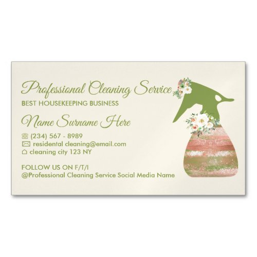 Beige Green Maid Spray Flower Cleaning Business Card Magnet