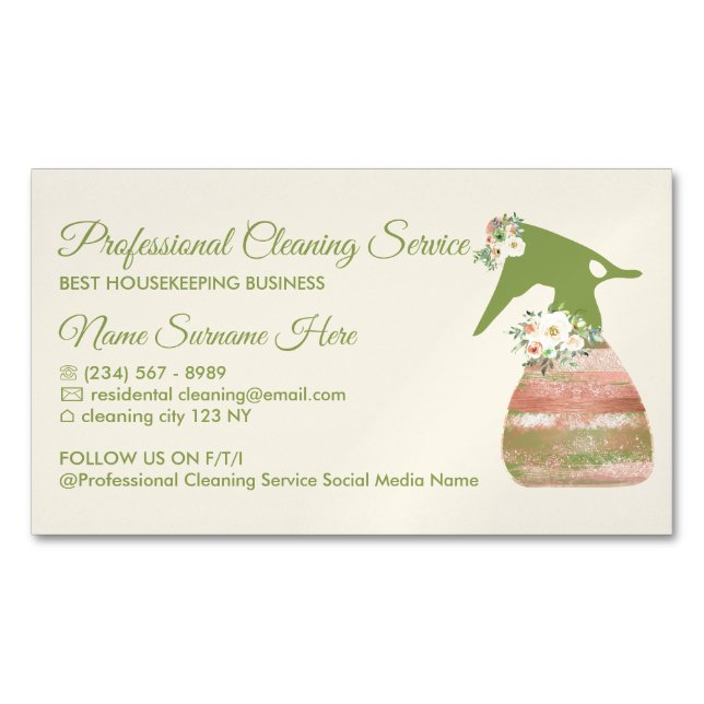 Beige Green Maid Spray Flower Cleaning Business Card Magnet (Front)