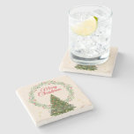 Beige &amp; Green Minimalist Elegant Merry Christmas Stone Coaster