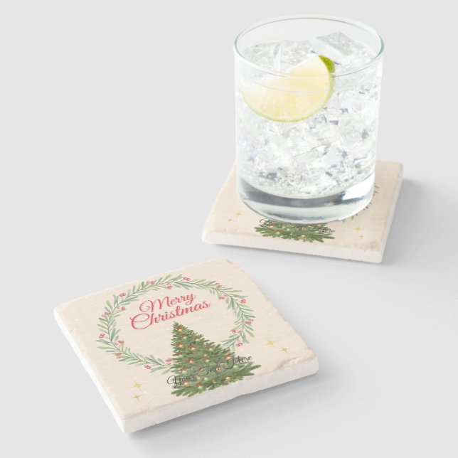 Beige & Green Minimalist Elegant Merry Christmas Stone Coaster (Side)
