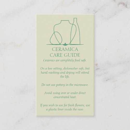 Beige Green Pottery Vase Ceramic Care Instruction Business Card