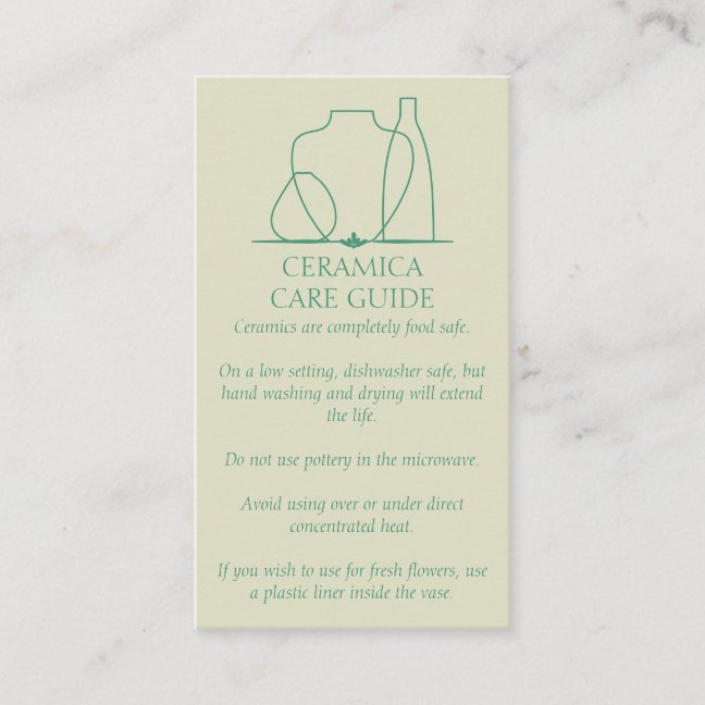 Beige Green Pottery Vase Ceramic Care Instruction Business Card