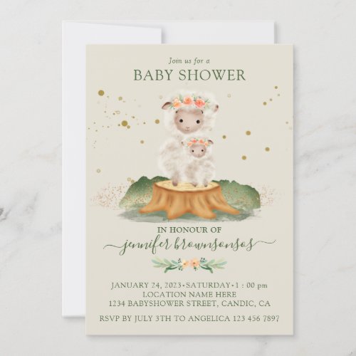 Beige Green Sheep Mommy Bunny Baby Invitation