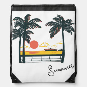 Beige Green Summer Beach Drawstring Backpack