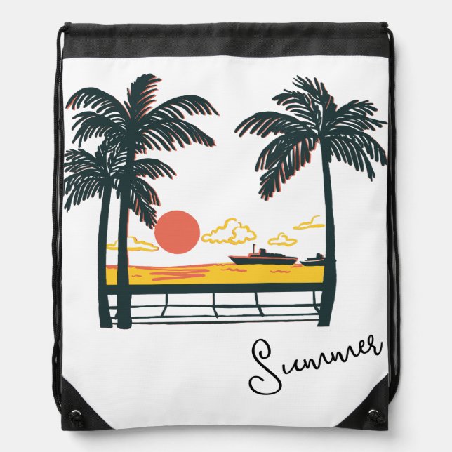 Beige Green Summer Beach Drawstring Backpack (Front)