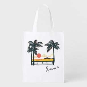 Beige Green Summer Beach Reusable Grocery Bag