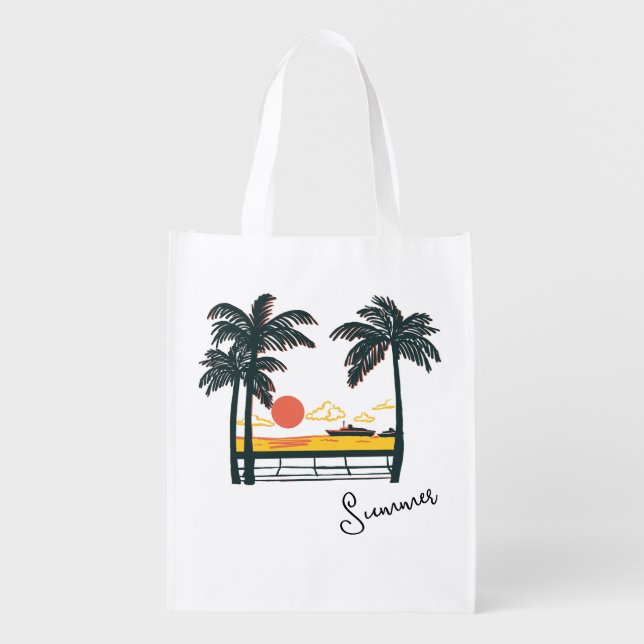 Beige Green Summer Beach Reusable Grocery Bag (Front)