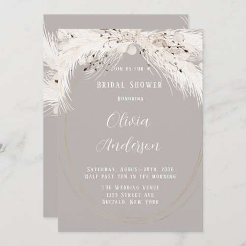 Beige Grey White Floral Feathers Bridal Shower Invitation