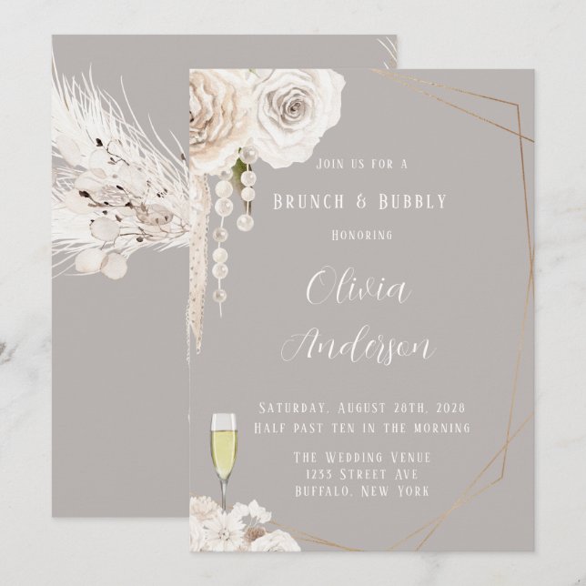 Beige Grey White Floral Pearls Brunch & Bubbly Invitation (Front/Back)