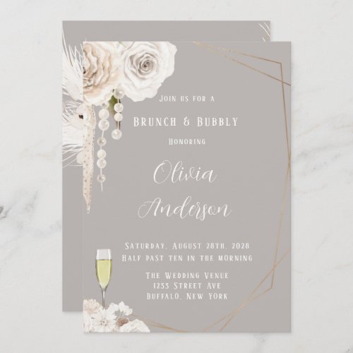 Beige Grey White Floral Pearls Brunch  Bubbly Invitation