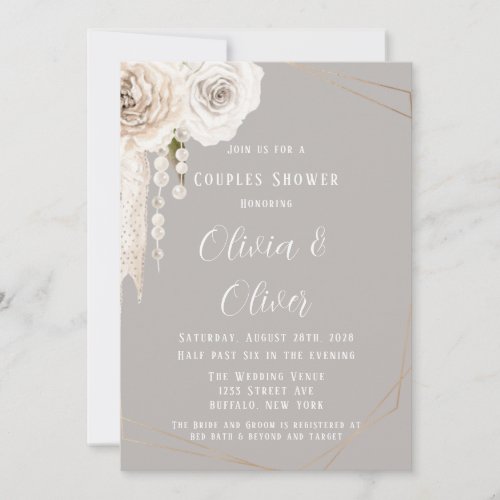 Beige Grey White Floral Pearls Couples Shower Invitation