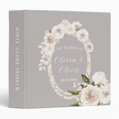 Beige Grey White Floral Pearls Wedding Photo Album 3 Ring Binder