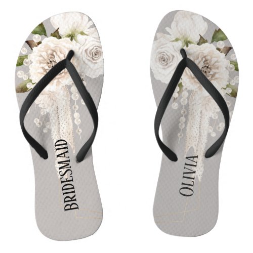 Beige Grey White Floral Weddinig Bridesmaid Custom Flip Flops