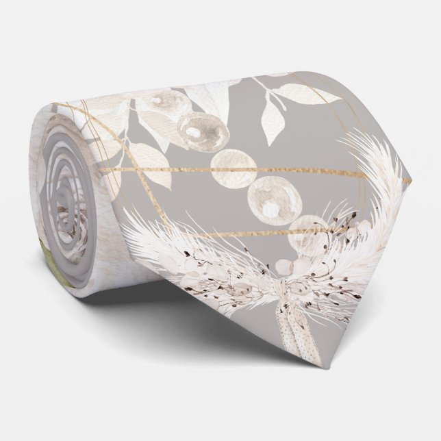 Beige Grey White Floral Weddinig Groom  Neck Tie (Rolled)